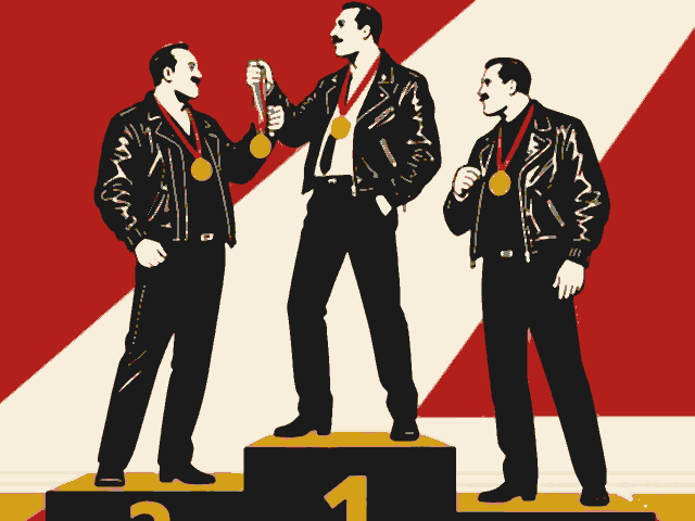 Three gangsters in leather jackets on a winners' podium, gold medals round their necks