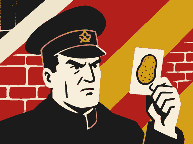 A stern inspector in a peaked cap holds up a card with a picture of a potato
